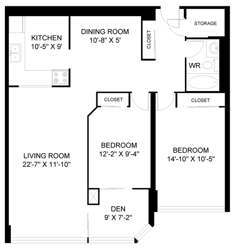 Floor plan for 2 beds, 1 bath, 1108 sqft